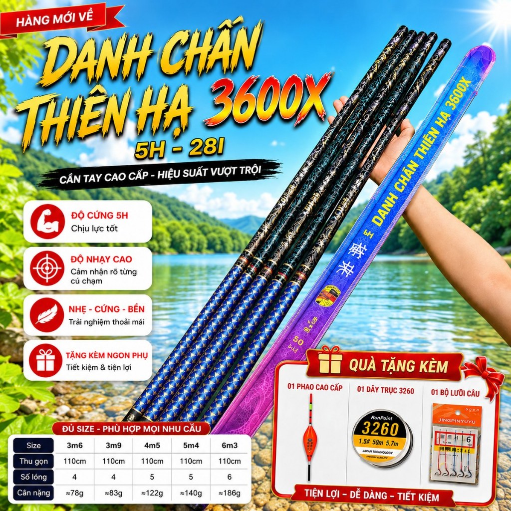 Cần Câu Tay Danh Chấn Thiên Hạ 5H 3600x Câu Cá Tự Nhiên Tặng Phụ Kiện Cao Cấp