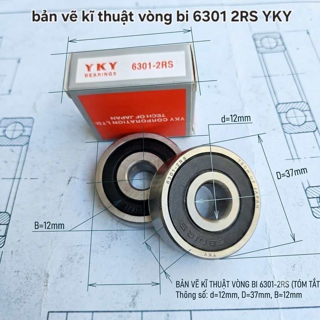 Hộp 10 cái bạc đạn 6301 2RS YKY ( cốt 12x37x12mm)
