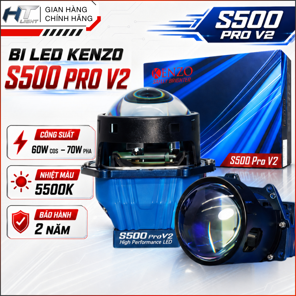 Đèn Bi Led KENZO S500 Pro V2 Chính Hãng - Đèn Pha Bi Cầu Công Suất Cos 60W Pha 70W Cho Ô Tô Xe Máy