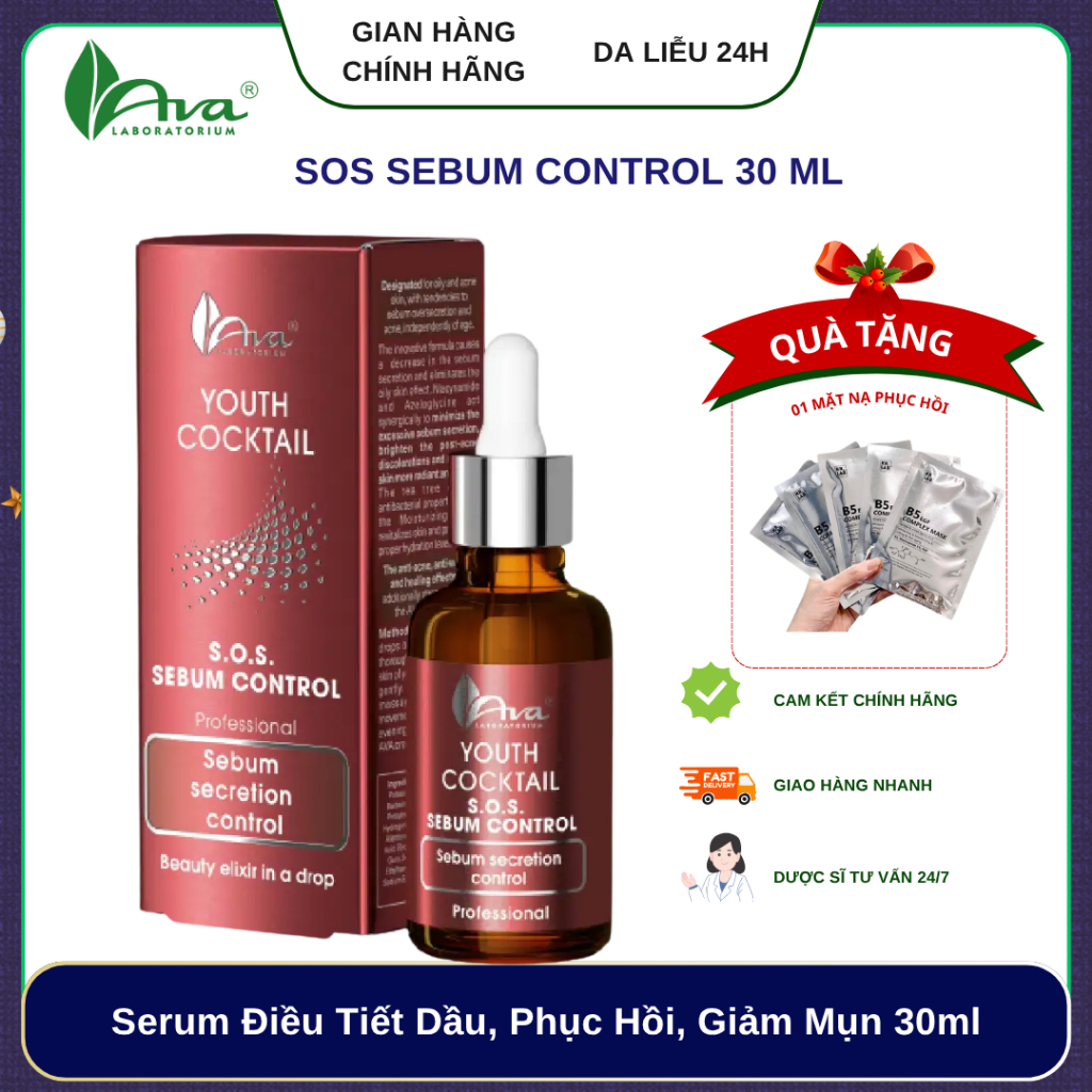 ✅ Ava Laboratorium AVA SOS SEBUM CONTROL YOUTH COCKTAIL Serum Điều Tiết Dầu, Phục Hồi, Giảm Mụn 30ml
