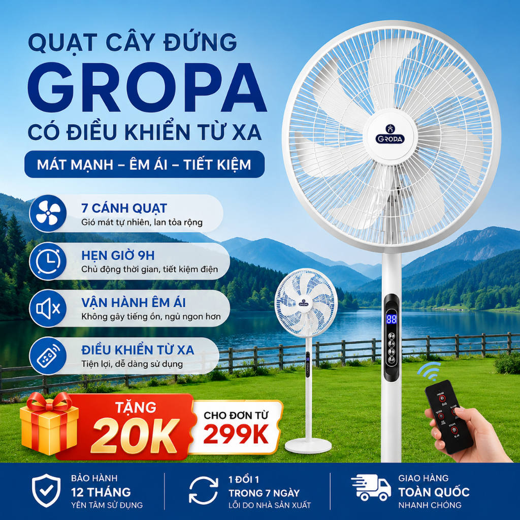 Quạt Cây Đứng GROPA 8 Cấp Độ Gió 7 Cánh Điều Khiển Từ Xa Hẹn Giờ Quạt Điện Êm Ái 40W Tiết Kiệm Điện
