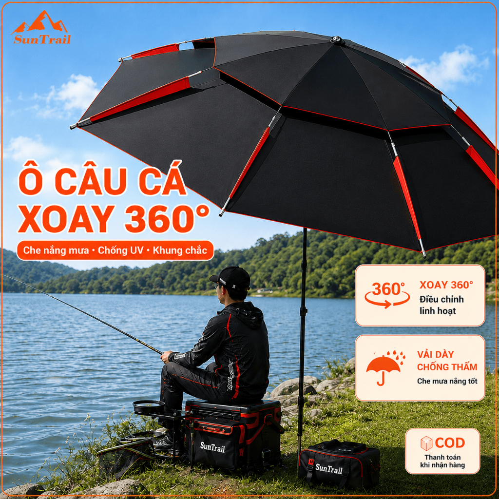 Chất Lượng Ô Câu Cá, Dù Câu Cá 2 Tầng Siêu Chống Thấm, 360° Chống Tia UV Cao Cấp,Độ Dài 2m4 - 2m6