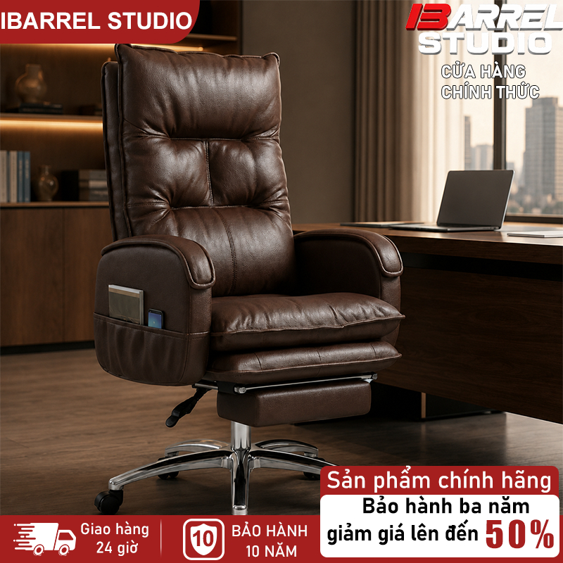 Ghế giám đốc cao cấp Đệm bọc da siêu dày Ngả lưng kèm gác chân Chân thép sang trọng bền bỉ