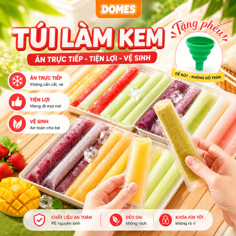 Set 100 Túi Làm Kem Dùng 1 Lần, Túi Làm Đá Siro, Sữa Chua, Nước Trái Cây An Toàn Vệ Sinh Tặng Kèm Phễu