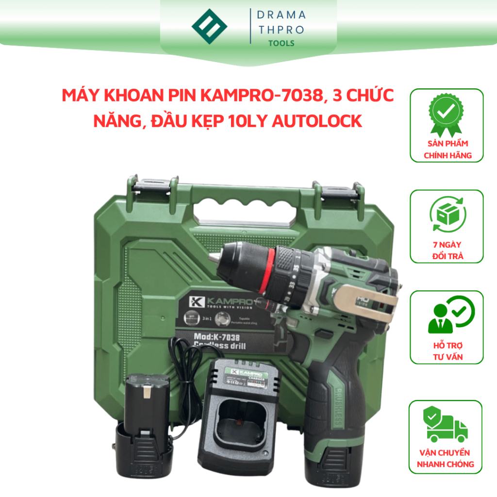 Máy Khoan Pin Kampro-7038, 3 Chức Năng, Đầu Kẹp 10ly Autolock, Động Cơ Không Chổi Than
