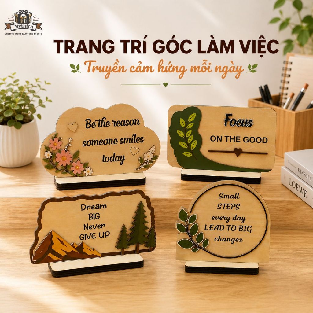 Bảng Gỗ Quotes Để Bàn Tạo Động Lực 4 Mẫu In UV Có Đế — ảnh listing minh họa