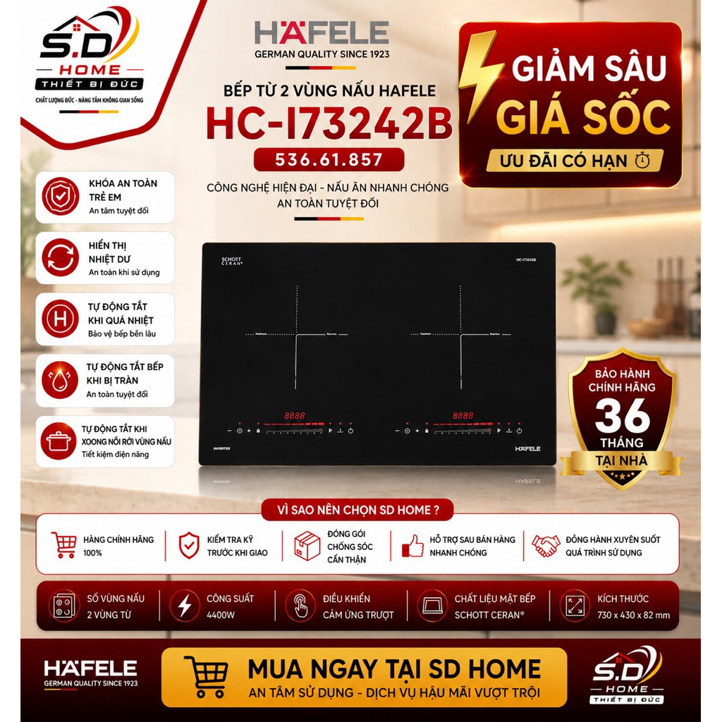 Bếp Từ 2 Vùng Nấu Hafele HC-I73242B 536.61.857 | Bảo Hành Chính Hãng | Công suất lớn | Điều khiển tr