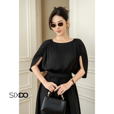 Đầm đen dáng xòe tay nhúm SIXDO (Black Silk Flared Dress)