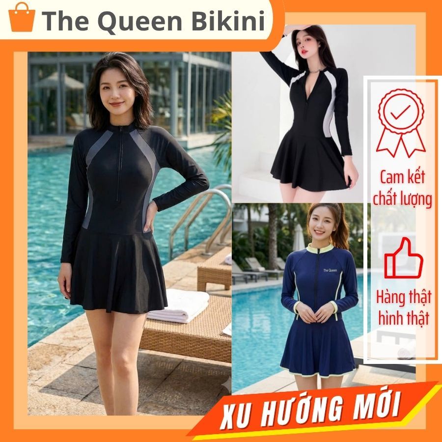 Đồ bơi liền thân nữ Bikini một mảnh kín đáo dạng váy đi biển áo tắm khóa zip tay ngắn & dài size S - 2XL The Queen 082