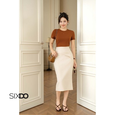 Chân váy bút chì phối vạt eo SIXDO (Cream Raw Pencil Skirt)