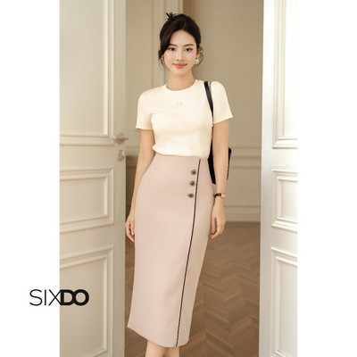 Chân váy bút chì be nâu phối line đen cúc dọc SIXDO (Brownish-beige Woven Pencil Skirt)