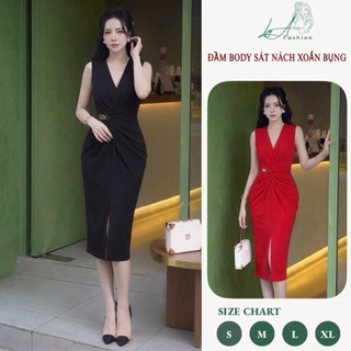 Đầm Dự Tiệc Ôm Body Xẻ Tà Thiết Kế Cổ V Xoắn Bụng Khuy Eo Chất Liệu Umi Hàn Co Giãn Size 40-65Kg
