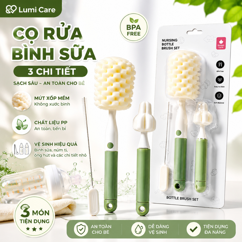 Cọ rửa bình sữa đa năng bằng mút xốp 3 chi tiết chất nhiệu nhựa PP Lumi Care - HT864 - HT742
