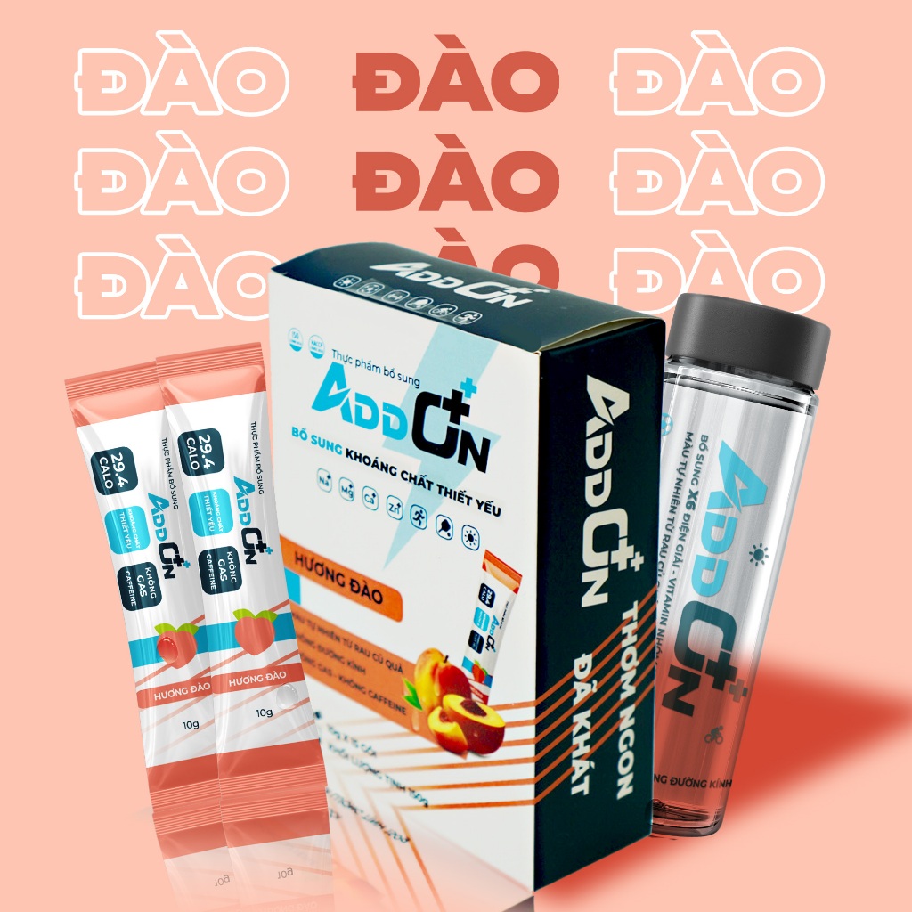 Bột Uống Điện Giải Thể Thao ADDON Vị Đào Thanh Dịu Ít Calo Bù Nước, Bổ Sung Muối Khoáng Thiết Yếu
