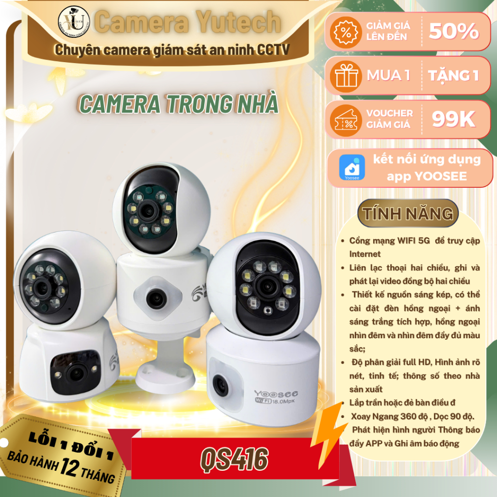 Camera 2 mắt YOOSEE QS416/Q9 /Q5 Camera trong nhà -đàm thoại 2 chiều - xoay 360 độ- phát hiện chuyển
