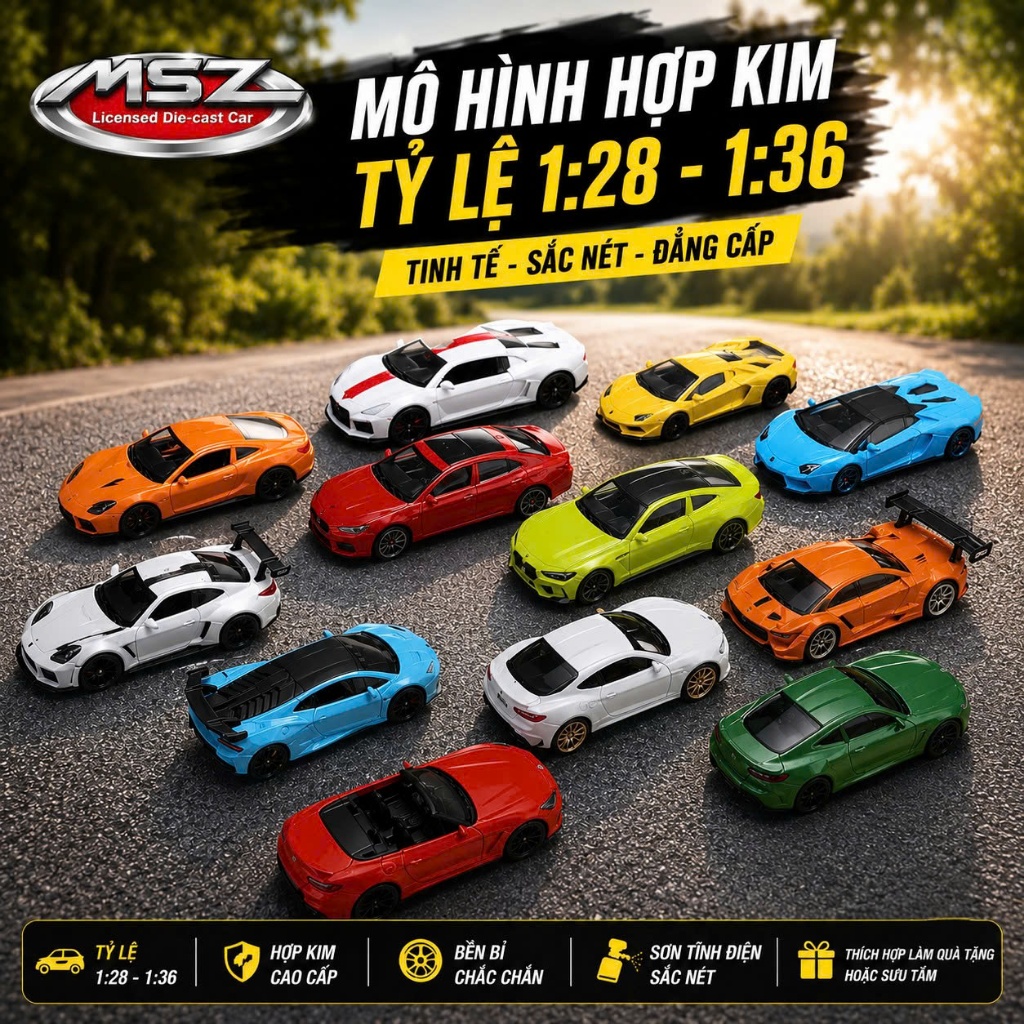 Xe Mô Hình Kim Loại MSZ Tỷ Lệ 1:32 có đèn, tiếng xe: Porsche, Lamborghini, Maserati, BMW, Chervolet