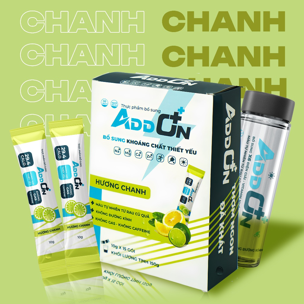 Bột Uống Điện Giải Thể Thao ADDON Vị Chanh Tươi Mát Ít Calo Bù Nước, Bổ Sung Muối Khoáng Thiết Yếu
