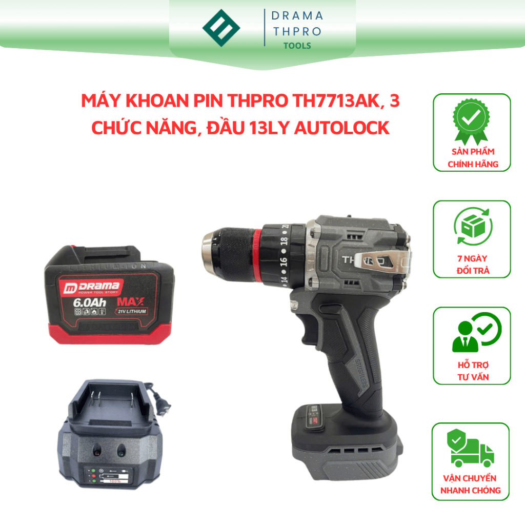 Máy Khoan Pin THPRO TH7713AK,1 pin DRAMA 15cell ,3 Chức Năng, Đầu 13ly,Động Cơ Không Chổi Than