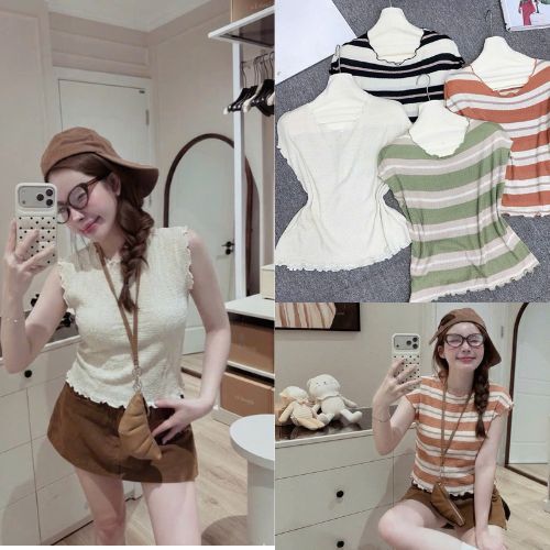 Áo len body nữ tay bèo sọc kẻ ngang dáng ôm, áo len mùa hè