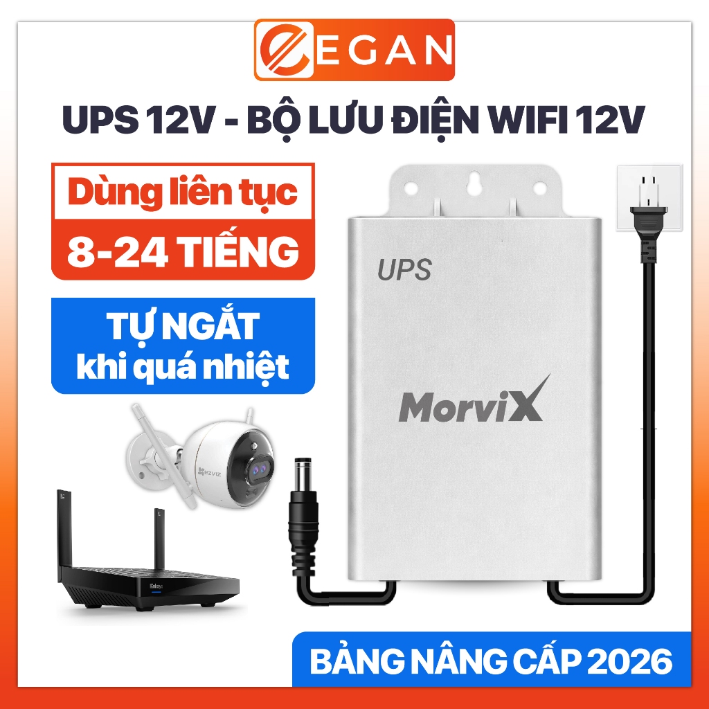 Bộ lưu điện 12V lưu điện wifi và camera ngoài trời MORVIX, ups wifi 12v trữ điện từ 8-12H