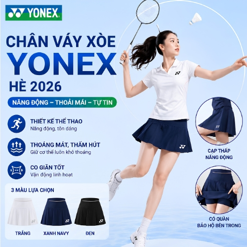 Chân váy thể thao Yonex hè 2026, có quần bảo hộ thiết kế cạp thấp năng động có xếp ly trước và sau