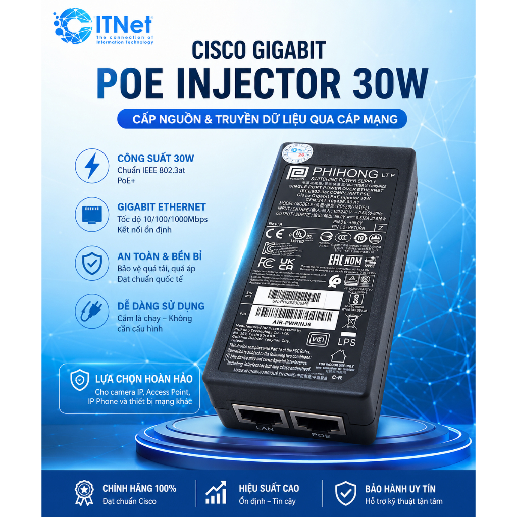 Nguồn PoE Cisco AIR-PWRINJ6 30W Gigabit dùng cho AP Cisco, Aruba, UniFi