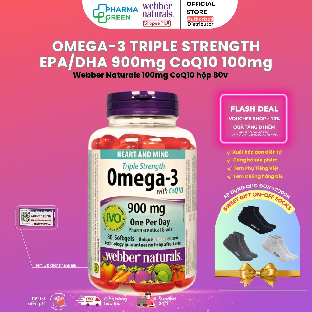 Dầu cá Triple Strength Omega 3  DHA/EPA 900mg và 100mg CoQ10 100mg Webber Natural Canada hộp 80v