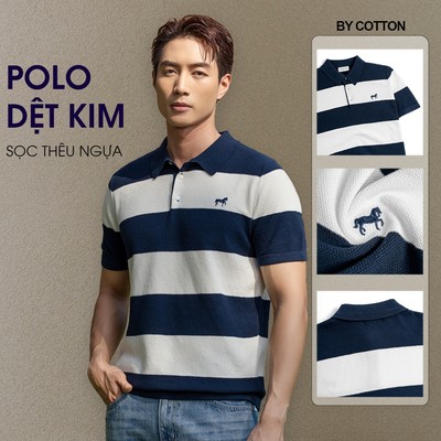Áo Thun Polo Nam Cao Cấp Dệt Kim  Thêu Ngựa Sọc Trắng - Xanh Đen - Luôn Tặng Hộp Đóng – BY COTTON