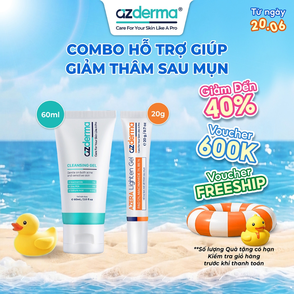 [Bản Nâng Cấp] Combo Hỗ Trợ Giúp Giảm Thâm Sau Mụn Cleansing Gel Azderma 60ml, Azera Lighten Gel Azd