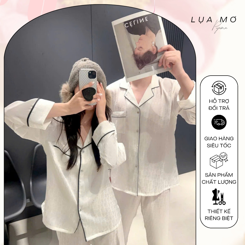 Set Pijama Tay Dài quần Dài Couple Nam Nữ Mặc Nhà Màu Trắng Kem Quảng Châu Vải Lụa Latin Cao Cấp - L