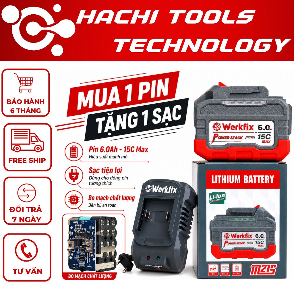 Pin 15 Cell WORKFIX WF-BK6015MAX 6Ah Max CELL EVE – Dòng Xả 15C, Pin Lithium-ion Vỏ ABS Bọc Cao Su, 