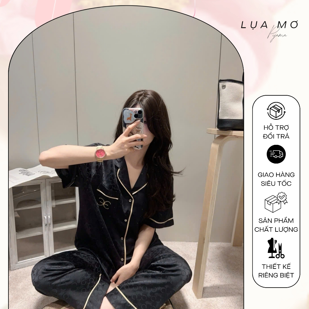 Set Pijama Dài Couple Nam Nữ Mặc Nhà Họa Tiết In Chìm Viền Kem Quảng Châu Vải Lụa Latin Cao Cấp - LM