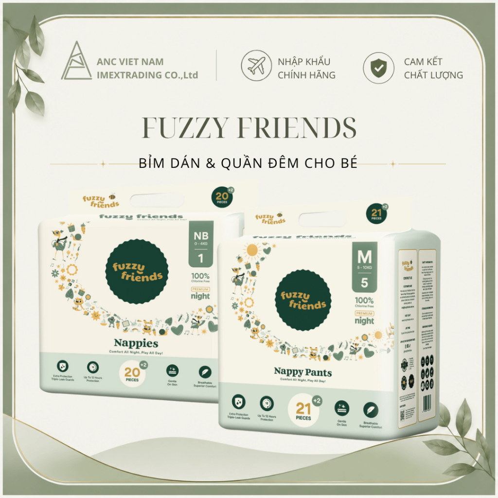 Bỉm Fuzzy Friends - Bỉm đêm mỏng mềm cho bé