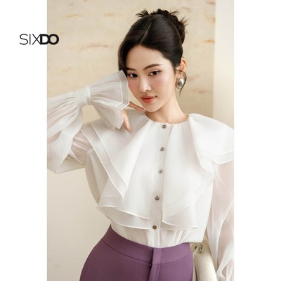 Áo sơ mi phối bèo dài tay SIXDO (White Organza Blouse)