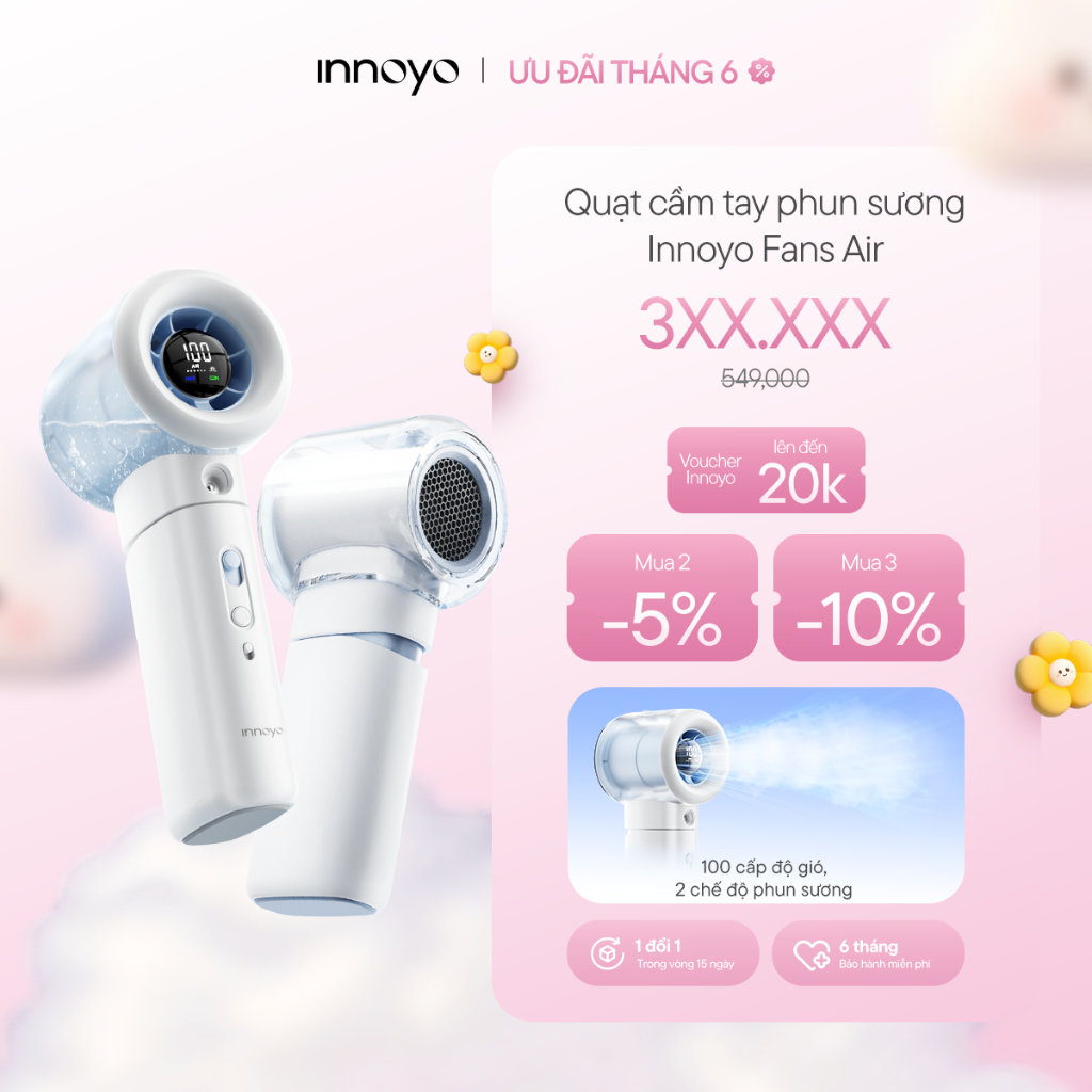 Quạt cầm tay phun sương Innoyo Fan Air - 100 cấp độ gió, 2 chế độ, Chip AI thông minh - Bảo hành 6 tháng - Tặng dây đeo