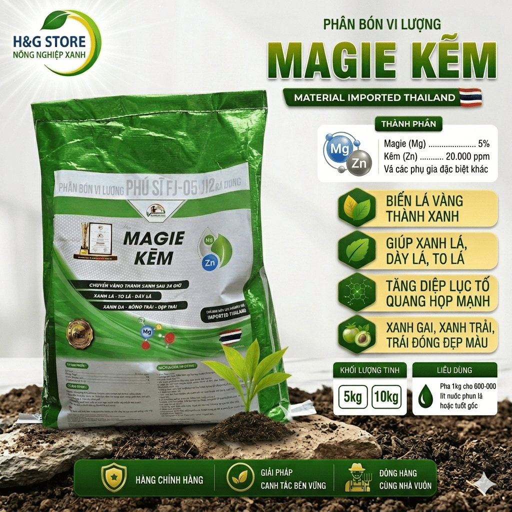 [5kg; 10kg] Magie kẽm -Phân bón vi lượng, Xanh lá, dày lá, biến vàng thành xanh, bóng trái đẹp trái