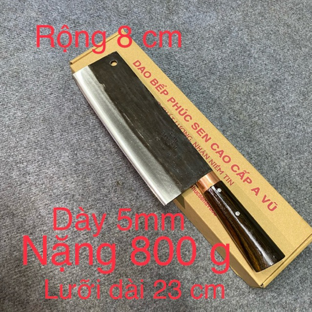 Dao phúc sen chặt xương to nặng 800g cán gỗ mun,dày 5mm, rộng 8cm, lưỡi dài 23cm
