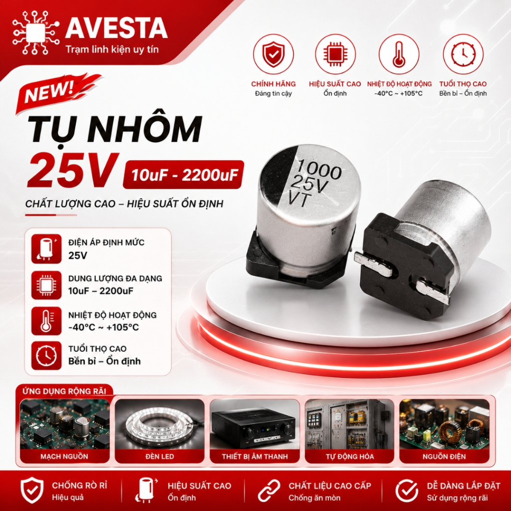 Tụ nhôm 25V 10uF-2200uF Avesta