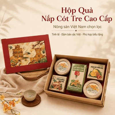 Hộp Quà Tặng Nắp Cót Tre Cao Cấp Nam Xanh, Nông Sản Việt Nam Chọn Lọc, Nắp Cót Tre Độc Đáo