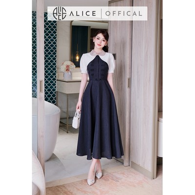 Váy Dài Công Sở Cao Cấp Alice, Đầm Cổ Đá Lót Lụa Chất Xước Nhật, Dáng Xòe Xếp Ly V1485
