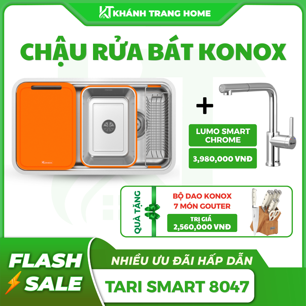 Combo chậu rửa bát Konox Tari Smart 8047 kèm vòi Lumo Smart, tặng bộ dao Konox - Khánh Trang Home