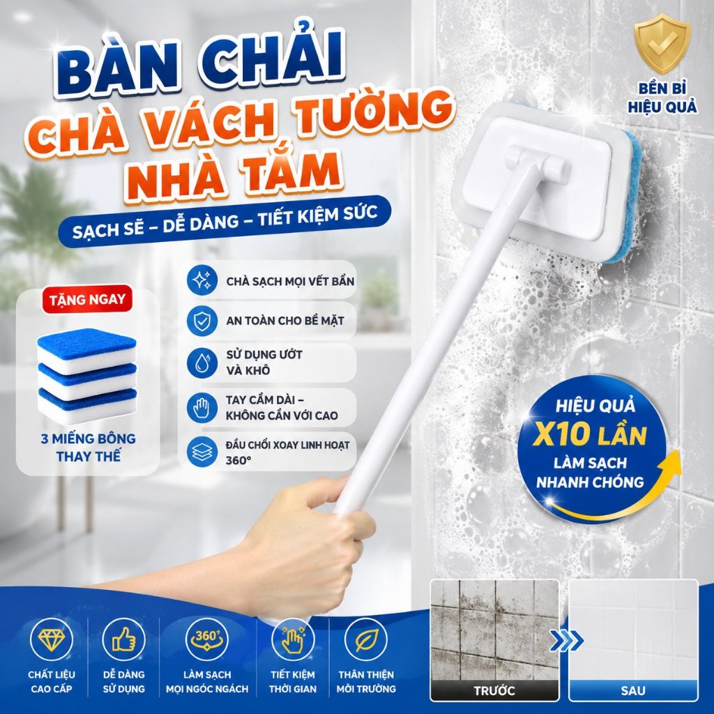 (TẶNG 3 BÔNG) Cây Chà Nhà Tắm S55 - Bàn Chải Nhà Tắm Dùng Chà Tường Cọ Rửa Đa Năng Tay Cầm Dài 56cm