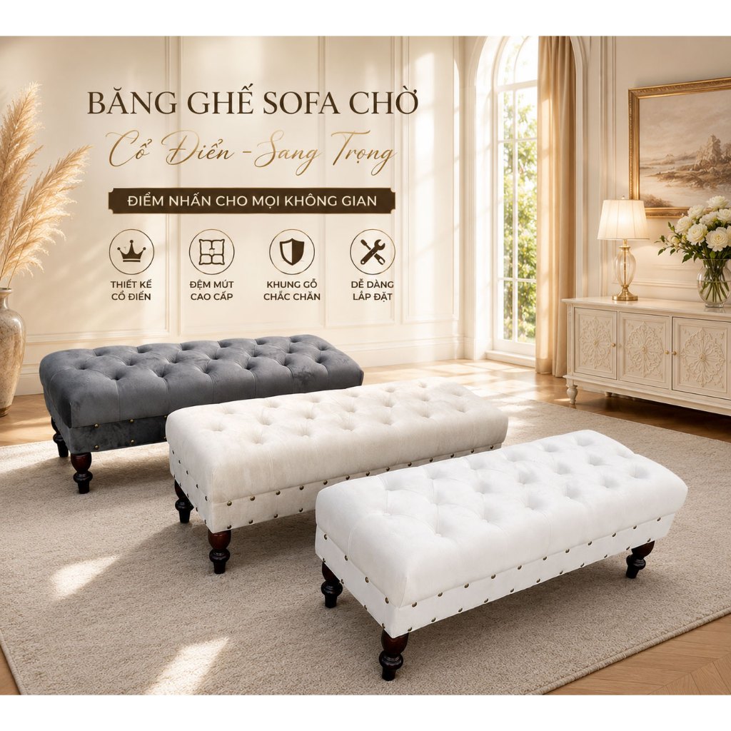 Ghế Đôn Dài 1m2 Tân Cổ Điển Sang Trọng - Ghế Chờ Bọc Nhung Cao Cấp Chân Gỗ Tự Nhiên Trang Trí Phòng 