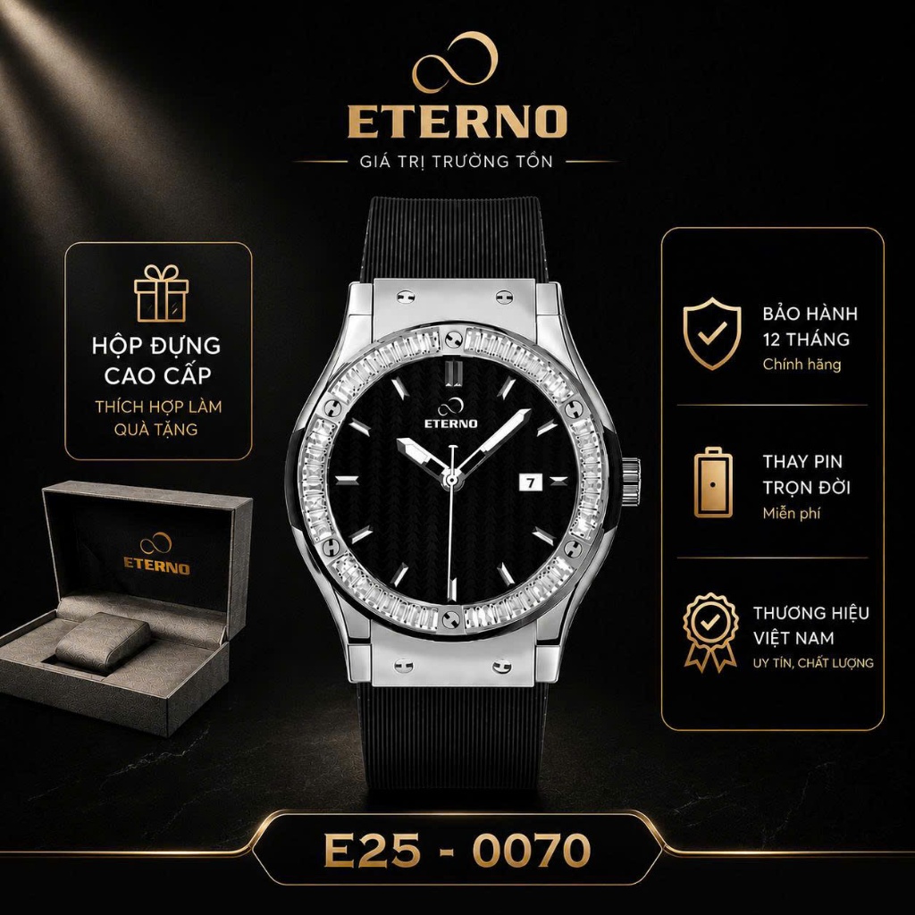 Đồng Hồ Nam - Thương Hiệu ETERNO E25-0070 Viền Đính Đá Khối Dây Cao Su Non Cao Cấp