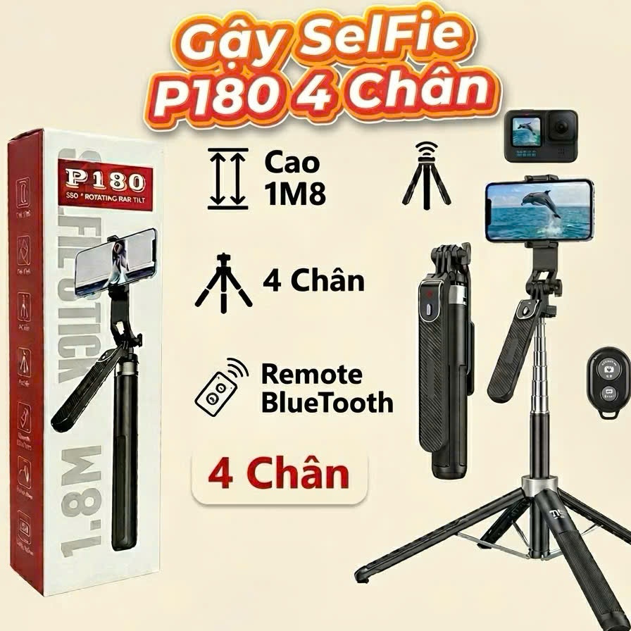 Gậy chụp hình 4 chân Selfie Tripod P180 quay Video Livestream Chụp Hình xoay 360 độ Cao 1,8m