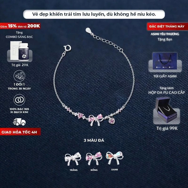 Lắc tay bạc nữ S925 Nơ Hồng Daisy Asimi Daisy Rosie Love LT57