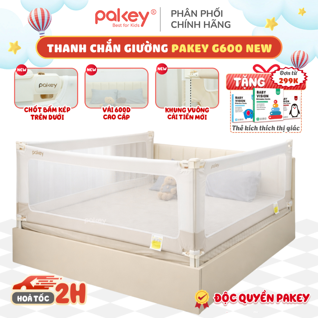 [NEW 2026] Thanh Chắn Giường Mẫu Mới Độc Quyền Pakey G600, Khóa Bấm Kép Trên Dưới Mạ Vàng, Vải 600D 