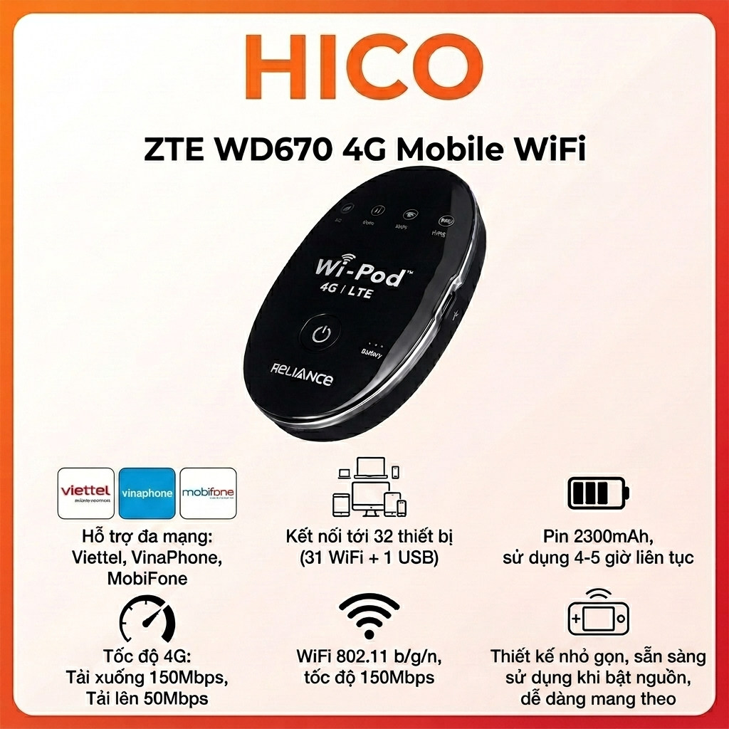 Bộ Phát Wifi 4G LTE ZTE WD670 Kasda Kw9550 , Dung Lượng Pin Khủng 2100Mah Chuẩn Sóng 4G