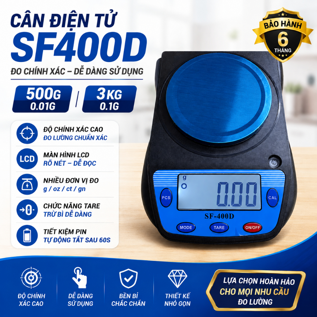 Cân Điện Tử SF400D 500g–3kg – Cân Tiểu Ly Chính Xác Cao 0.01g/0.1g
