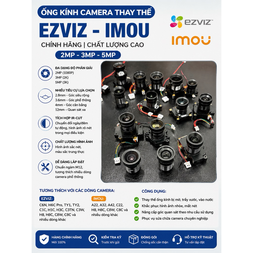 Ống Kính Camera Thay Thế Ezviz Imou Chính Hãng 2MP 3MP 5MP C6N H6C Pro TY1 TY2 C1C H1C H3C C3W H8 C8